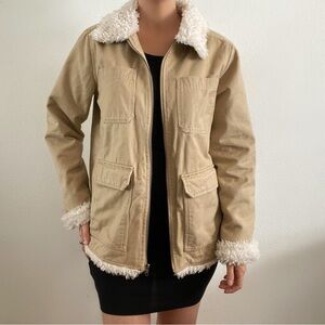 Empyre utility khaki tan coat jacket fur trim penny lane size small womens